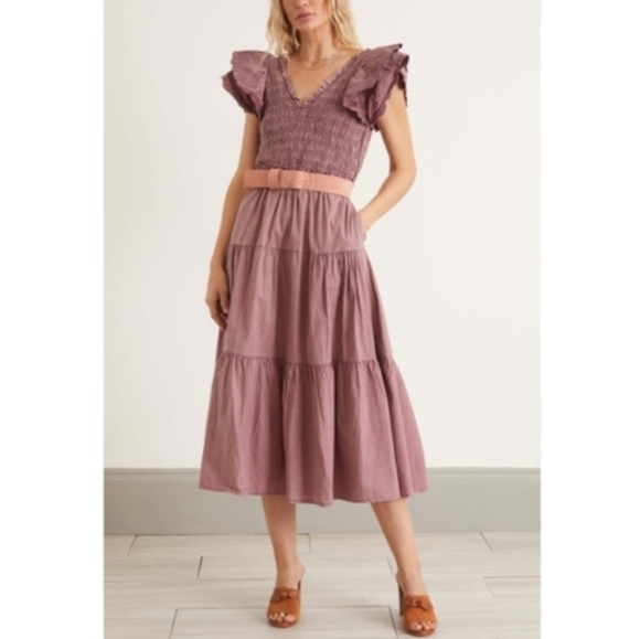 Sea New York Heidi Flutter Sleeve Tiered Dress Midi Open Back Rose Women's 10 - Picture 5 of 15